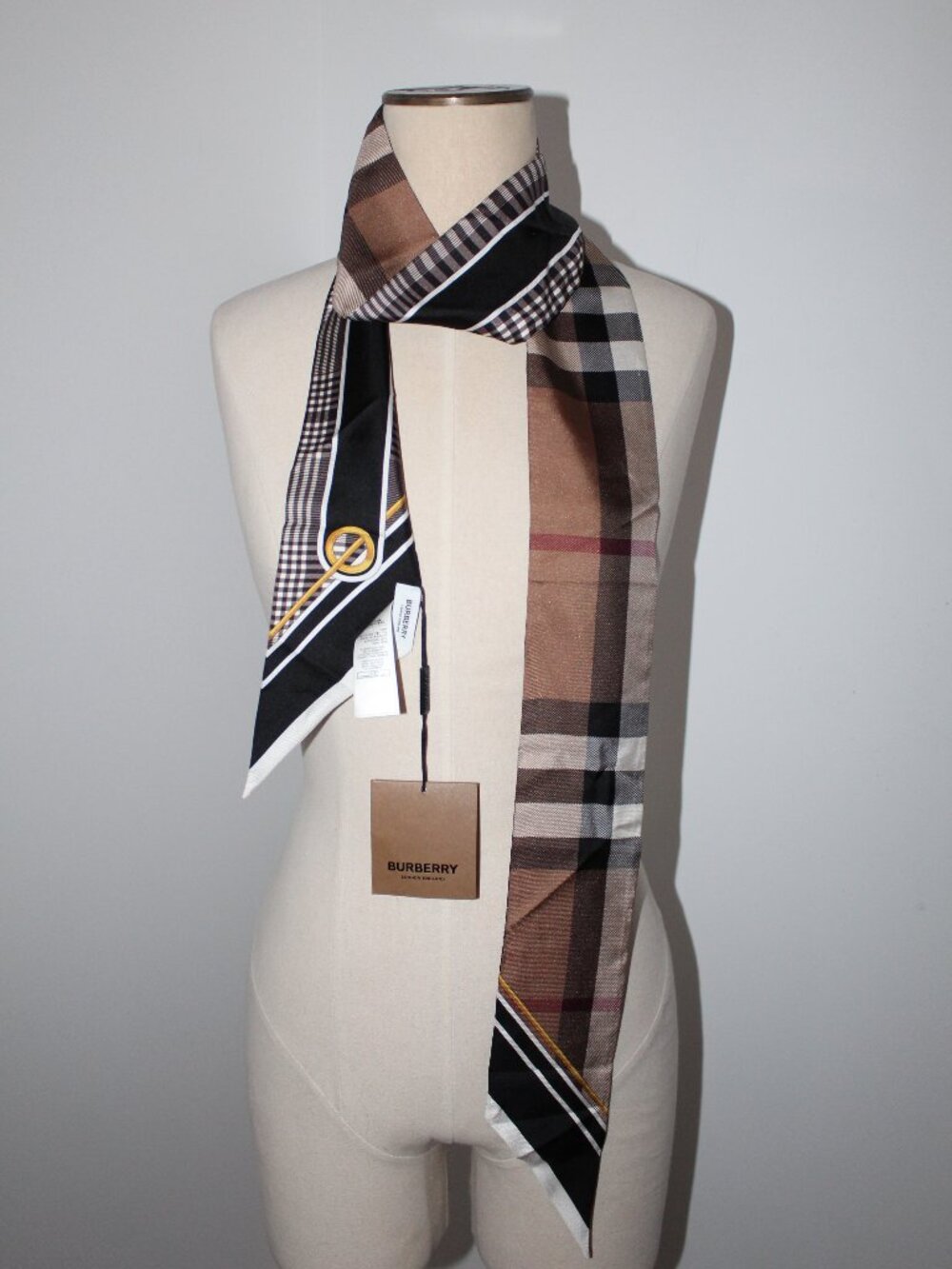 NWT Burberry Mixed Print Nova Check Skinny Scarf